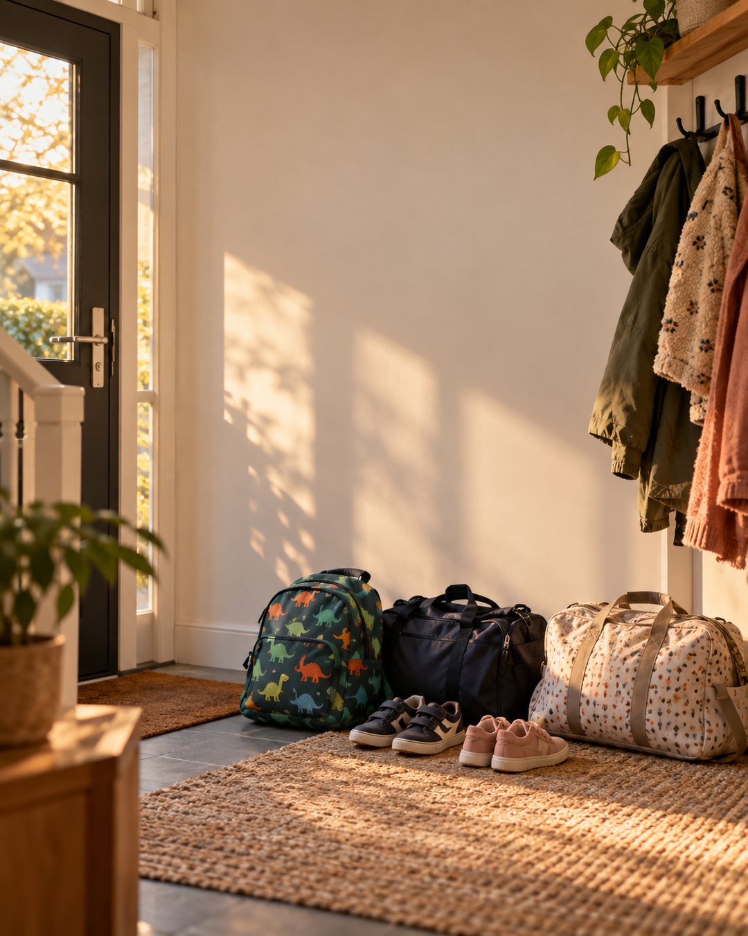 Een hal met een kinderrugzak, gymtas, weekendtas en twee paar kinderschoenen klaar voor vertrek.